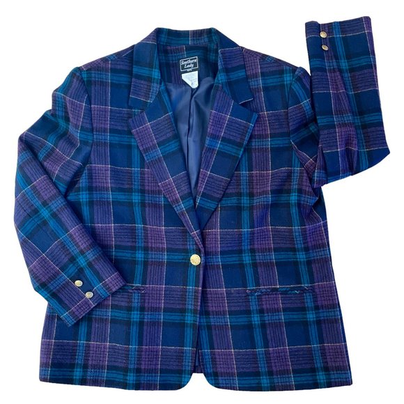 Southern Lady Vintage Oversize Wool Blend Tartan Plaid Blazer Fall Aesthetic-16P - Picture 2 of 12